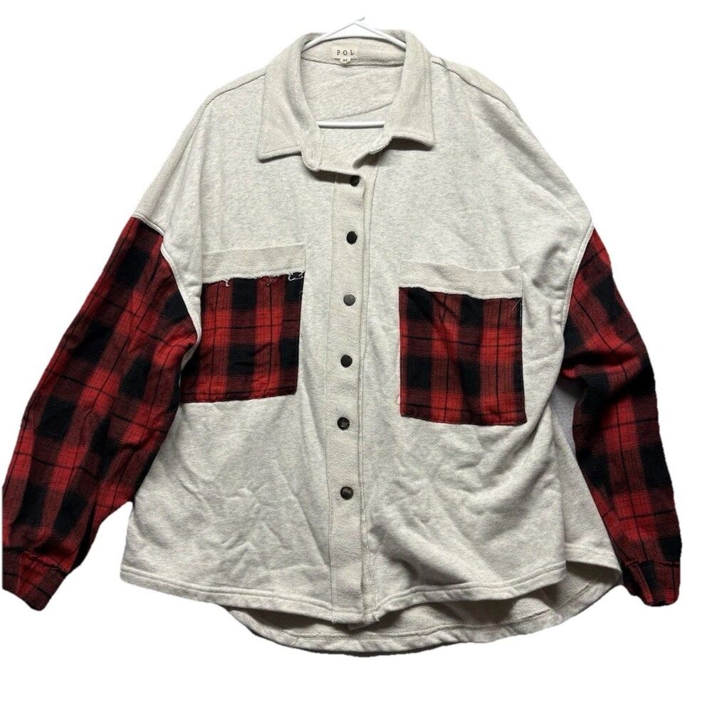 POL Black Plaid Mixed Media Oversized Shacket Women’s Size M YKT19 Boho Hippie